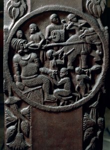 Indian art, Hinduism: low relief representing monkeys tearing a tooth from a giant using elephants. 2nd century BC. Kolkata, Indian Museum by Indian School