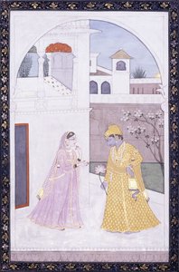 Krishna Stands Holding a Lotus Blossom, His Lover in a Pink Sari by Indian School