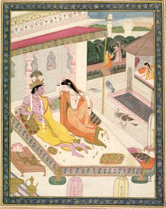 Krishna and Radha on a Bed in a Mogul Palace by Indian School