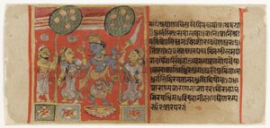 Krishna fluting before two gopis, with a devotee watching, from the Balagopalastuti