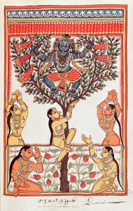 Krishna stealing the clothes of the Gopi swimming in the River Yamuna