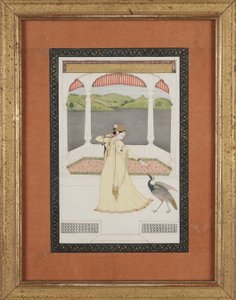 Lady enticing a peacock with a strand of pearls by Indian School