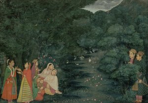 Women and a child by a stream in a wood at night, watched by two noblemen