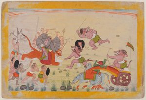 Mahasura attacks the Devi, folio from a dispersed Devi Mahatmya series by Indian School