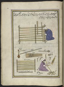 Mat-maker and his wife making mats of split reeds, 86 drawings bound into a volume depicting trades and occupations in Kashmir, Craftsmen are shown at work with their implements and equipment, By a Kashmir artist, probably at Srinagar by Indian School