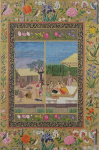 Musicians and Listeners by a Fire and a Noblewoman with her Servants, from a Moraqqa by Indian School