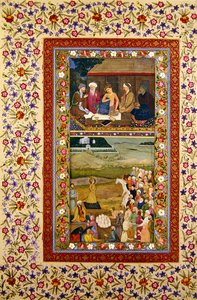 Young man with his teachers and Payment of tribute to a ruler, miniatures from a Muraqqa album by Indian School