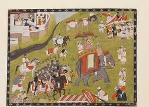 Procession of a Raja on Elephant with Armed Escort and Retainers