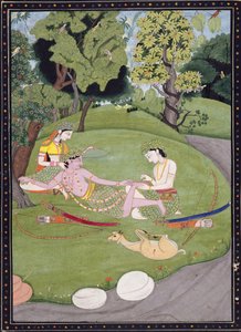 Rama reclining against Sita, while his brother Laksman draws a thorn from his foot