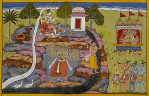 Ravana rides the Pushpaka chariot, then lifts and shakes Mount Kailasa to challenge Shiva