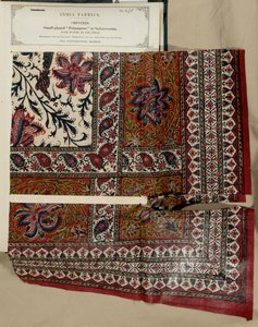 Small glazed palampore or bed-covering sample from Masulipatam in Madras, from The Collection of the Textile Manufacturers of India, by John Forbes Watson, published in 1866 by Indian School
