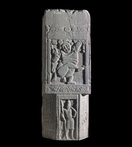 Stupa slab showing a dwarf and Scythian figures, from the site of Nagarjuna by Indian School