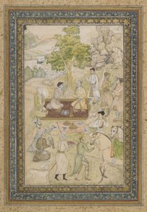 Sultan Murad and Sultan Daniyal on a Picnic, Detached Album Folio with Painting, c.1900 by Indian School