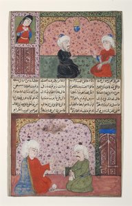 Two men in a room with decorated walls