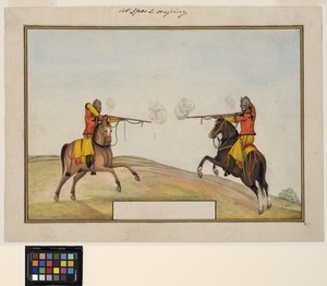Two mounted soldiers exchanging rifle fire, c.1830 by Indian School