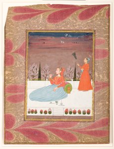 Woman seated on a terrace with an attendant with a chauri by Indian School