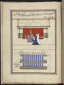 Women setting up threads for a warp, 86 drawings bound into a volume depicting trades and occupations in Kashmir, Craftsmen are shown at work with their implements and equipment by Indian School