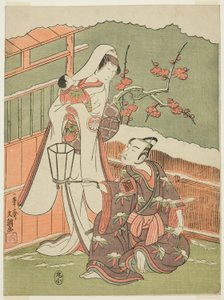 Actors Arashi Sangorô II as Minamoto no Yoritomo and Segawa Kikunojô II as the Snow Woman in "Cotton Wadding of Izu Protecting the Matrimonial Chrysanthemums" by Ippitsusai Bunchō