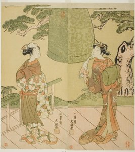 The Actors Ichimura Uzaemon IX as Shume no Hangan Morihisa (Right), and Sanogawa Ichimatsu II as Chujo (Left), in the Play Edo no Hana Wakayagi Soga, Performed at the Ichimura Theater in the Second Month, 1769