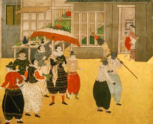 Details from the Namban byobu screen depicting Portuguese traders visiting Japan during the Momoyama period, 2005 (photo) by Ira Block