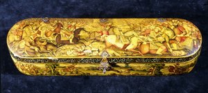 A Papier Mache Pen Box, the Top Painted with the Battle of Chaldiran