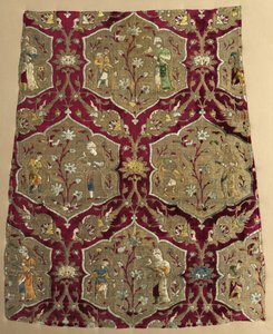 Brocaded Velvet with Falconer and Attendant in Animated Lattice, from a Robe