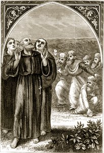 St. Columba Chanting, and Attacked by the Druids, from The Trias Thaumaturga, or Three Wonder-Working Saints of Ireland, by Mary Cusack (1829-99) Published c.1890s by Irish School