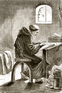 St. Vincent Writing in His Cell at Ferins, from The Trias Thaumaturga, or Three Wonder-Working Saints of Ireland, by Mary Cusack (1829-99) Published c.1890s by Irish School
