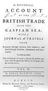 Title page to An Historical Account of British Trade over the Caspian Sea, with a Journal of Travels by Jonas Hanway, 1754 by Irish School