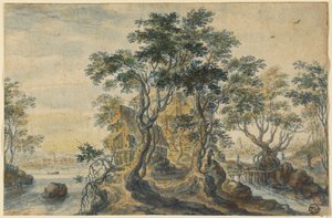 River Landscape with House on a Rocky Island by Isaac Major