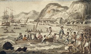 Captain Cook Landing in Owyhee, illustration from "The Voyages of Captain Cook" by Isaac Robert Cruikshank