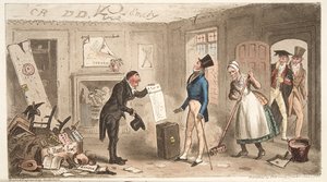 College Comforts, A Freshman taking possession of his Rooms, from The English Spy, published 1824 by Isaac Robert Cruikshank