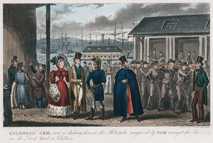 Splendid Jem amongst the convicts in the Naval Dock Yard at Chatham, Kent, 1821 by Isaac Robert Cruikshank