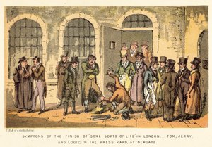 Symptoms of the Finish of Some Sorts of Life in London, Tom, Jerry, and Logic, in the Press Yard, at Newgate by Isaac, Robert and George Cruikshank
