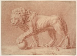Lion Turned to the Left with His Left Paw on a Globe