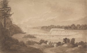View of Niagara Falls with the Falls in the Background, Right, and Landscape with Houses in the Foreground by Isaac Weld