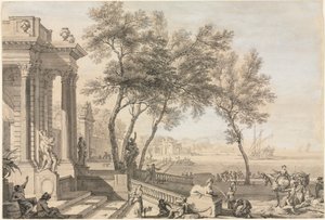 Fantastic Harbor Scene with Architecture and Figures, 1713
