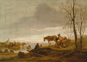 A Winter Landscape with Figures on a Frozen River by Isaac van Ostade