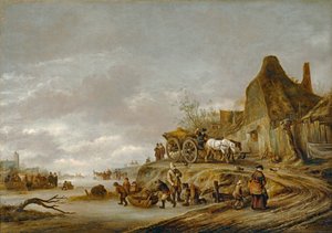 Frozen Canal with Cart Descending a Path