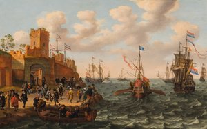 A Dutch Three-Master and a Papal Galley with other Shipping Along the Coast of a Fortified Town, c.1662