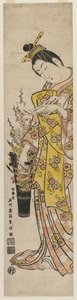 Courtesan Reading a Poem Slip Tied to Flowers in a Vase by Ishikawa Toyonobu