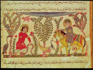 A Doctor giving assistance to a man bitten by a snake, manuscript from a treatise of Dioscorides, 13th century