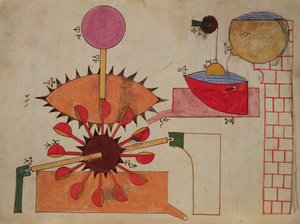 Diagram of a system for pumping water into a basin, from Book of Knowledge of Ingenious Mechanical Devices by Al-Djazari by Islamic School