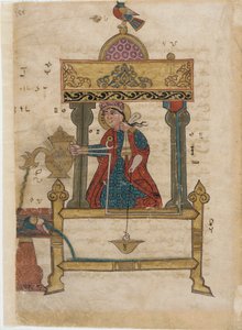 Hand-washing automaton with flush mechanism, folio from The Book of Ingenious Mechanical Devices; by Al-Djazari, 1315 by Islamic School