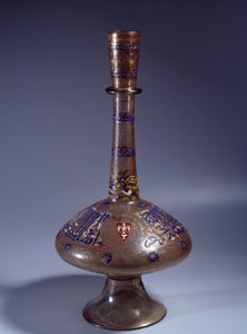 Islamic Art: bottle with long enameled glass neck of Vice King Tuquztemur, 1345 approx., from Egypt or Syria