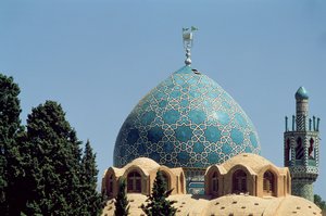 Turquoise tiled dome of the Mausoleum of Shah Nematollah Vali by Islamic School