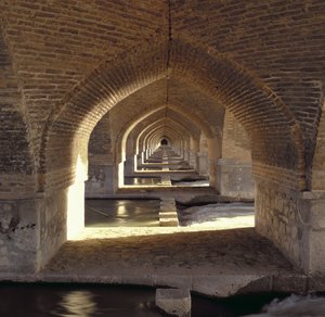 View along the inside of the Khaju Bridge dam, Safavid Period