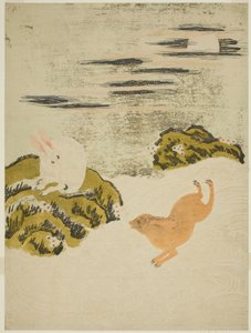 Hares Playing in Surf on a Moonlit Night by Isoda Koryusai