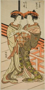 The Courtesans Hinazuru and Karauta of the Chojiya Holding a Letter