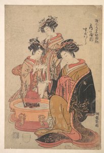 The Oiran Sugawara of Tsuru-ya seated beside a hibachi (fire box) by Isoda Koryusai